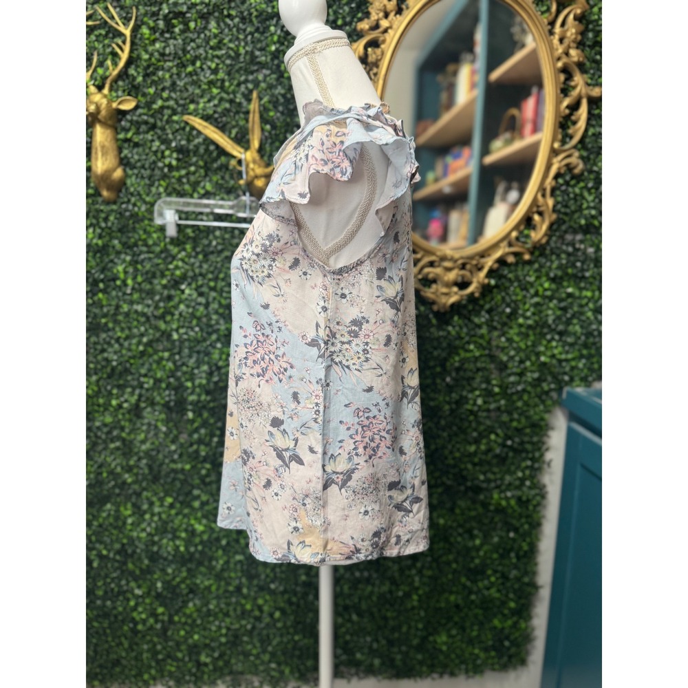 Doe & Rae Floral Patchwork Ruffle Flutter Sleeve Blouse S Blue Pink Excellent - Picture 4 of 8